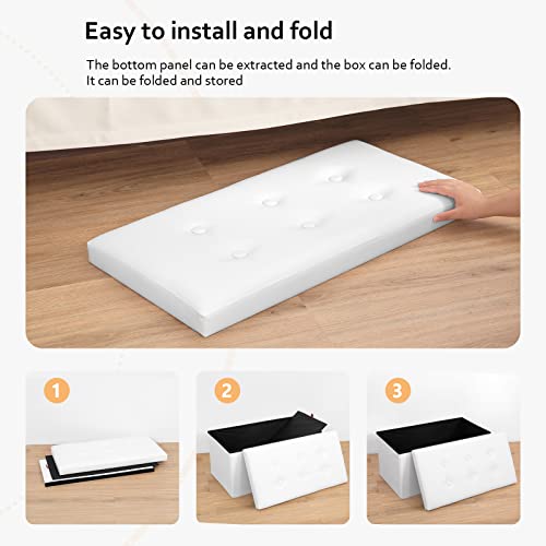 Dywmm Folding Leather Storage Ottoman - 30 Inches Long Shoes Bench Faux Leather Foot Rest Stool With Padded Seat Deep Storage Ottoman Bench For Living Room And Bedroom 30X15 X15 Inch White #TOP6