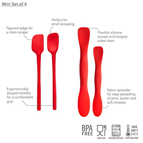 Image of Tovolo All Silicone Flex-Core Kitchen Tool Set of 4 - Mini Spatula, Mini Spoonula, Full-Size & Scoop & Spread, Dishwasher-Safe, Candy Apple Red