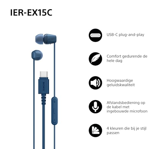 Sony IER‑EX15C - Bedrade USB-C oordopjes met microfoon – Lichtgewicht in-ear hoofdtelefoon – Knoopvrije kabel, helder geluid – Perfect voor op reis en dagelijks gebruik – Blauw - Afbeelding 3