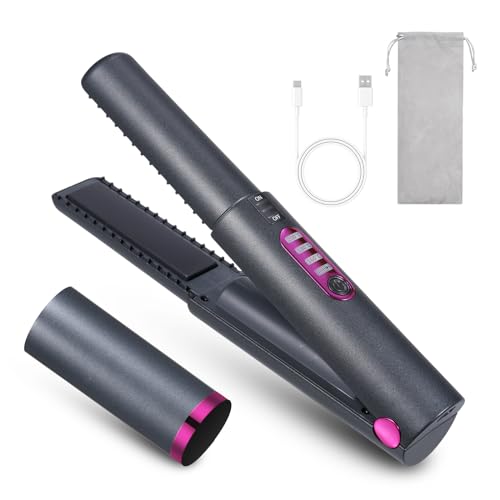 Layhou Cordless Hair Straighteners, 2 In 1 Mini Hair Straightener Curling Iron, Portable Travel Straighteners, 15S Fast Heating, Anti-Scald Level 3 Hair Straightener, Type-C Rechargeable