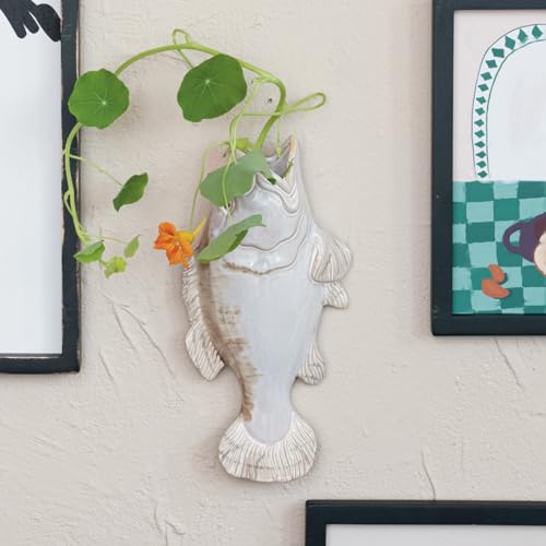Creative Co-Op Stoneware Fish Shaped Wall Vase with Reactive Glaze, White and Tan