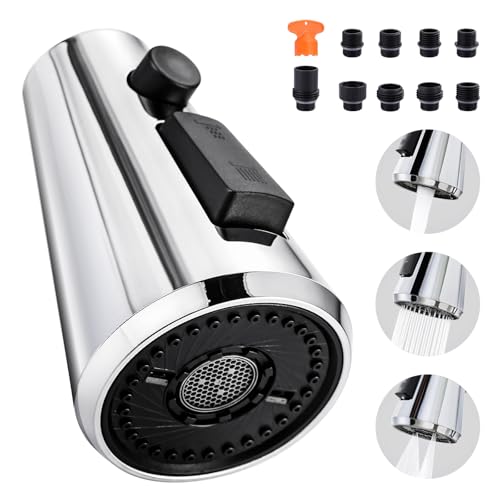 ALEASHA Pull Down Spray Head for Kitchen Faucet,3-Function Sink Spray Nozzle with 9 Adapters,Kitchen Faucet Head Replacement Compatible with American Standard Faucets,Chrome