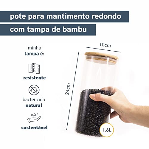 Oikos - Pote de Vidro 1,6L com Tampa de Bambu Hermético Redondo Flat