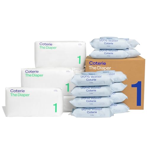 Image of Coterie Baby Wipes + Diapers Kit, Size 1 Diapers (198 Count) & 12 Pack (672 Count) Baby Wipes with 99% Water, Plant Based Materials, Hypoallergenic for Sensitive Skin