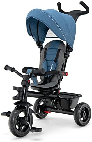 GYMAX Baby Tricycle, 5-In-1 Kids Trike with Convertible Seat, Adjustable Push Handle, Removable Canopy and Safety Harness, Toddler Stroller Pushchair for 1.5 - 5 Years Old (Blue)
