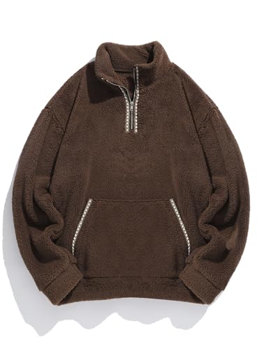 Image of ZAFUL Men 1 /4 Zipper Ethnic Aztec Fleece Unisex Winter Sweatshirt Tops 2026 | Funnel Neck Fluffy Polar Fleece Faux Sherpa Soft Thermal Pullover Kangaroo Pocket Jacket Hoodie Tops