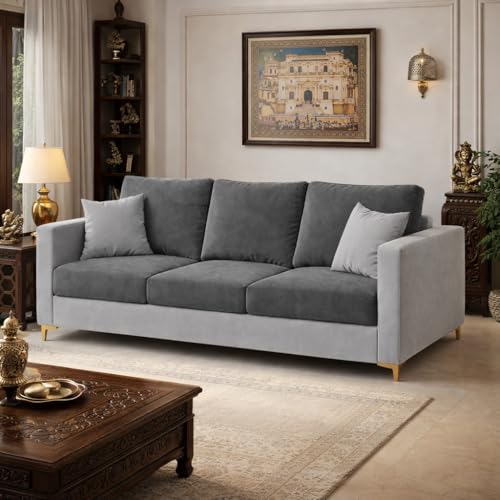 Image of Hayes Dual Tone Rich Velvet Suede 3 Seater Sofa | Golden Aesthetic Legs | Spacious Soft Touch Comfort Seating | Modern Sofa for Living Room (Dark Gray & Light Gray)