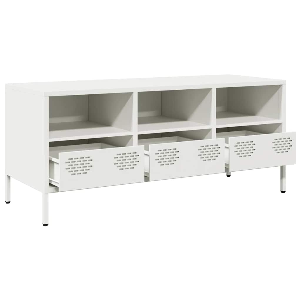 TV-Schrank Weiß, 101,5x39x43,5 cm Kaltgewalzter Stahl, Industrial Design, Modernes Media Center für Wohnzimmer und Schlafzimmer, mit Stauraum