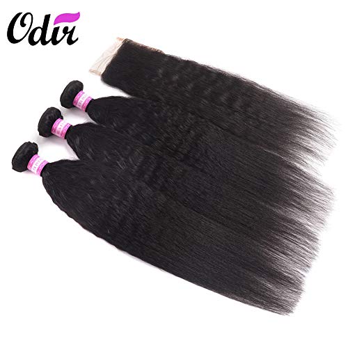 Brazilian Kinky Straight Human Hair 3 Bundles With Closure (10 12 14 + 10) Yaki Human Hair Weave 8A Brazilian Virgin Kinkys Straight Hair Bundles With Lace Closure Middle Part Natural Color