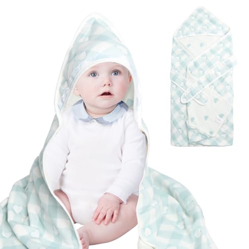 Image of Hooded Baby Towel 100% Muslin Cotton Soft and Absorbent Baby Bath Towel with Hood for Newborns Infants Toddlers and Kids Large 35x35 Inch Grid Heart Pattern (Blue)
