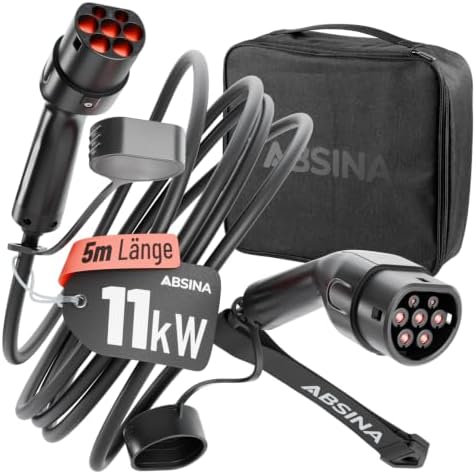 ABSINA Typ 2 Ladekabel 11kW 16A 5 Meter 3-phasig Mode 3 für E-Auto | 11kW Ladekabel Auto für Elektroauto & Hybrid - Kompatibel mit Model 3, e-Up, ID.3, Zoe, EQ fortwo, Kona Elektro