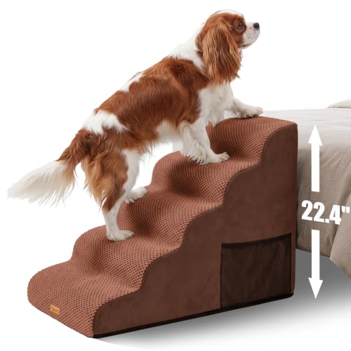 Image of Topmart High Density Foam Dog Steps 5 Tiers, Extra Wide Deep Pet Steps | Non-Slip Dog Stairs Ramp for Bed, Soft Foam Cat Ladder,Best for Older Injured, Older Pets, Cats with Joint Pain