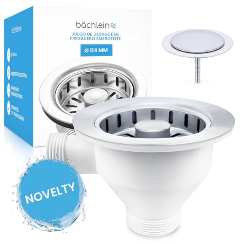 Bächlein Juego de Desagüe para el Fregadero, Diámetro de 114 mm, con Rebosadero, Dispositivo de Clic Ahora También para el Fregadero de la Cocina, Desagüe de Acero Inoxidable Pulido con Rebosadero