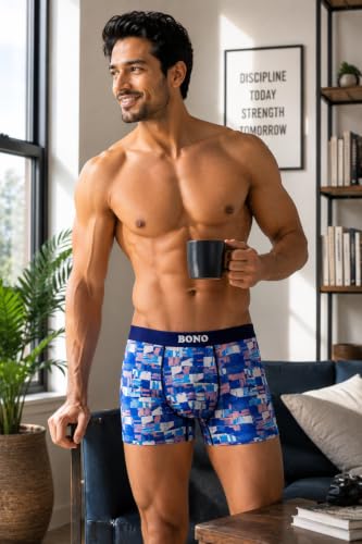 Image of BONO Men Cotton Blend Printed Trunk Combo Anti-Bacterial Moisture Wicking No Marks Stretchable Regular Fit Waistband Underwear Pack of 3 (Darkblue-Multicolor-TurquiseBlue-M)