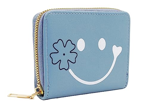 Image of Women Small Wallet Wallets for girls Credit Card Holder Coin Purse Zipper Small Secure Card Case cute wallets Mini wallets for Women (Smiley Blue)