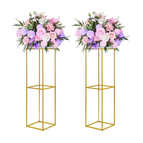 YALLOVE 2 soportes de metal para flores de 80 cm, soporte de jarrones dorados con hojas acrílicas transparentes, estante de exhibición geométrico para decoraciones de fiesta de boda