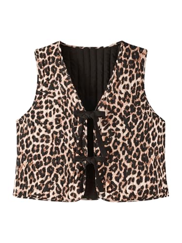 SHENHE Women's Plus Size Tie Front Bow Leopard Vest Quilted Jacket Sleeveless Crop Vest Outerwear