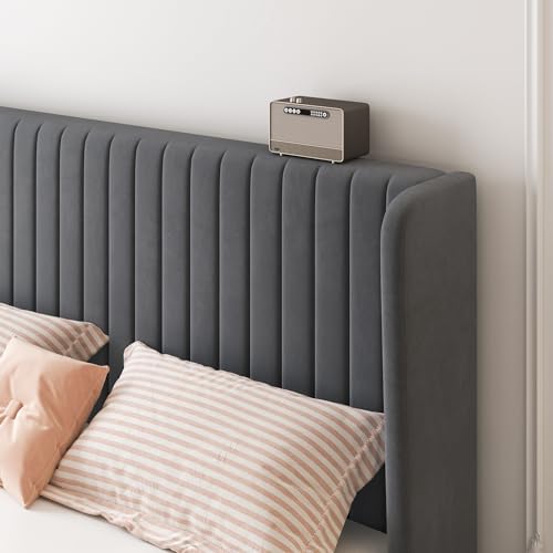 image for SHA CERLIN Queen Size Velvet Bed Frame with Vertical Channel Tufted Wi