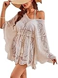 SweatyRocks Women's Lace Beach Cover Up Embroidered 3/4 Sleeve Drawstring Loose Swimsuit Coverup Dress Apricot