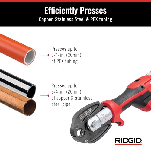 Image of RIDGID 72558 Model RP 115 Mini Press Tool and Battery Kit with 1 /2 inch to 3 /4 inch ProPress and PureFlow Press Tool Jaws, 2V Li /Ion Battery, 12V Charger, and Carrying Case
