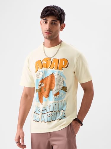 Image of The Souled Store ASAP Men and Boys Regular Fit Half Sleeve Graphic Printed Cotton Yellow Color T-Shirt