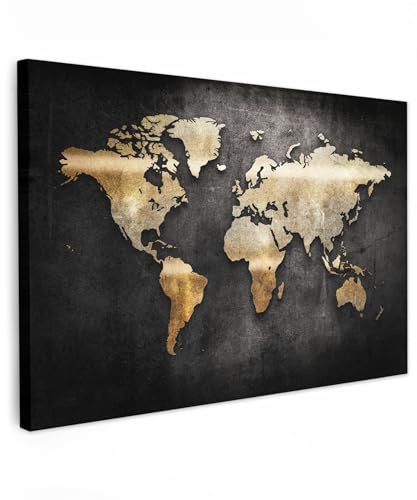 MuchoWow© Impression sur Toile Decoration Murale Peinture 120x80 cm Tableaux Decoratifs Muraux Décoration Chambre Carte du monde - Or - Paillettes - Noir