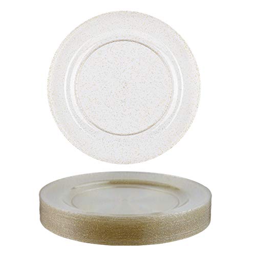 25 Platos de Plástico Duro Desechables, Transparente con Brillo de Oro 26cm| Reutilizable, Durable y Práctico| Elegantes Platos con Brillos Dorados para Bodas Fiestas Cumpleaños Navidad.