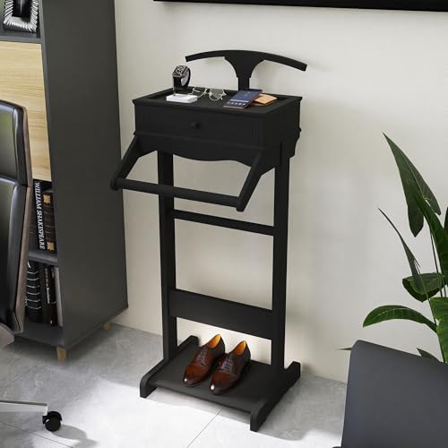 Image of Men's Valet Stand with Tray, Black Wood Clothes Stand, Freestanding Garment Rack Organizer for Enterway, Office, Bedroom