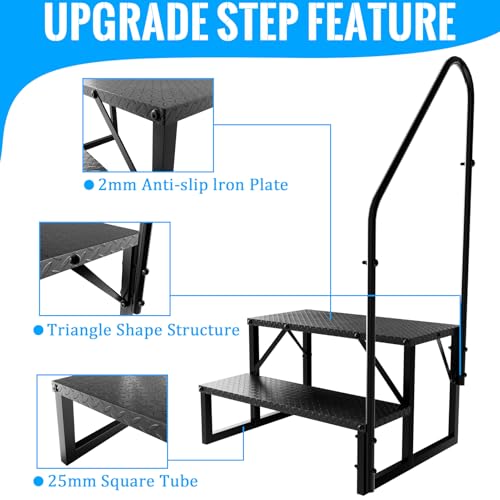 Image of 2 Step RV Stairs with Handrail, 660LBS Heavy Duty Anti-Slip Metal RV Steps, Detachable Outdoor Stairs for 5th Wheel /Hot Tub /Mobile Home /Pool