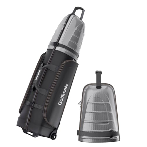 Golf Travel Bag for Airlines with Carbon Fiber Look Hard Top, Protective Club Traveling Cover with Wheel, Golf Club Carrier Case for Airplanes, Thick Padding, Durable Zippers, 2 Spacious Side Pockets