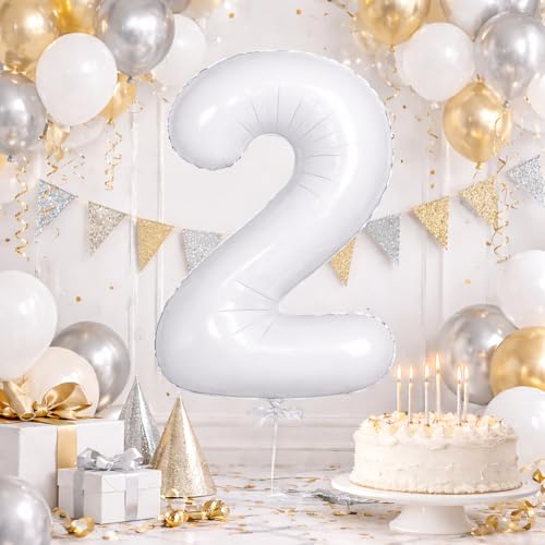 Image of 32 inch Large White 2 Number Foil Balloon, Number 8 Balloon for 2nd Birthday, Anniversary and Party Decorations, White Number Foil Balloons Helium Balloons for Kids Party, Pack of 1 (available 0-9)
