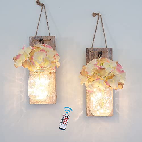 Rustic Mason Jar Sconces – Farmhouse Decor for Living Room, Bedroom, or Dining Room – Set of 2 Decorative Rustic Wall Sconces with LED Fairy Lights & Artificial Flowers (Medium, Rustic Brown)