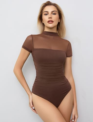 Image of Avidlove Women's Short Sleeve Bodysuit Turtle Neck Body Suits Mesh One Piece Leotard Going Out Tops Date Outfits