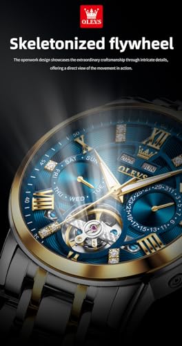 Image of OLEVS Mens Automatic Mechanical Watch Skeleton Tourbillon Luxury Dress Stainless Steel Wrist Watch