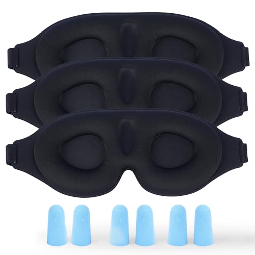 3 Pack 3D Contoured Sleep Eye Mask - with 3 Pack Ear Plugs – Soft Breathable Blackout Sleeping EyeMask for Men Women Adults – Lightweight Zero Pressure Eye Cover for Travel Naps Night Shift Meditation