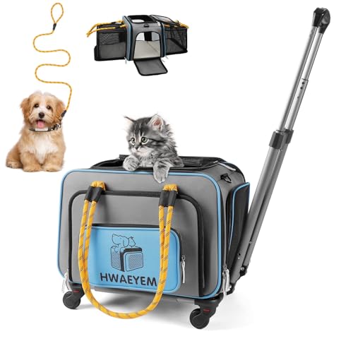 Airline Approved Cat Dog Carrier with Wheels, Pet Travel Carrier Crate for Small Dogs, Soft Cat Carrier Two Sided Expandable for Small Dogs Under 20LBS (18 x 11 x 11 Inches)