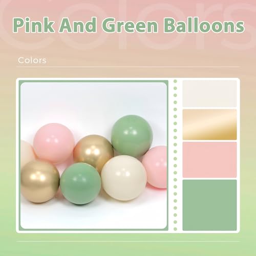 Image of 60pcs Pink and Green Balloons 12inch with Sage Green Light Pink Sand White Metallic Gold Confetti Balloons for Birthday Bridal Shower Boho Baby in Bloom Baby Shower Decorations