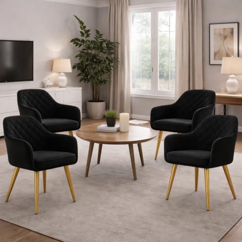 Image of Barfi Velvet Dining Chair | Set of 2 Premium Accent Chair with Armrest, Padded Seat and Metal Legs | Comfy Chair for Home, Office & Restaurents | (Black Set of 4)