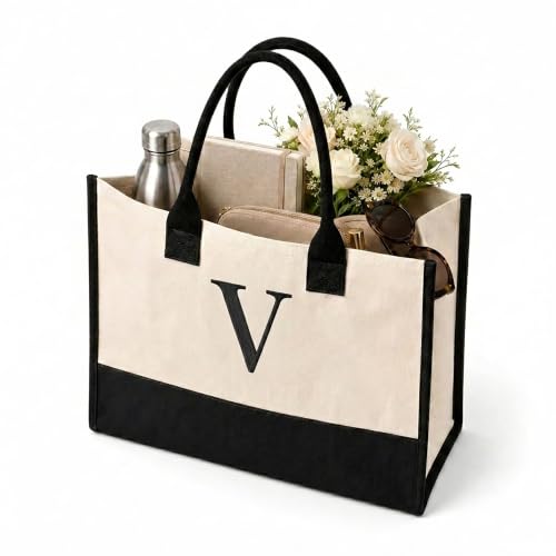 Image of Salt Earth Canvas Tote Bag for Women, Personalized Initial Monogram Tote, Beach Grocery Utility Tote for Travel & Work