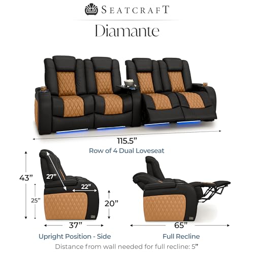 Image of Seatcraft Diamante Black /Tan Oak Italian Leather Home Theater Seating, Zero Gravity Power Recliner, Gaming and Home Office Chair, Powered Headrest Furniture for Cinema Room, Row of 4 Dual Loveseats