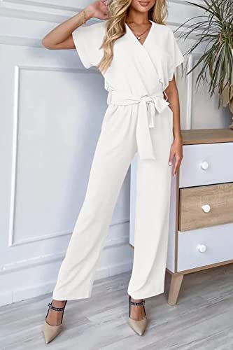 PRETTYGARDEN Women's Jumpsuit Casual Short Sleeve Wrap V Neck Belted Wide Leg Pants (White,Large)