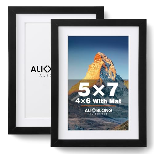 ALIOBLONG 5x7 Picture Frame Set of 2 Black Photo Frame for 4x6 With Mat or 5x7 Without Mat Thin Border Frame Horizontal and Vertical Formats for Wall Mount or Tabletop with Shatter-Resistant Acrylic Sheet