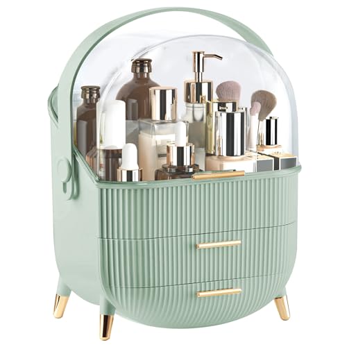 Image of Makeup Organizer for Vanity, Large Capacity Skincare Cosmetic Organizer Countertop with 2 Drawers, Cosmetic Display Cases Makeup Storage Box for Bedroom, Bathroom, Ideal Gifts for Women(Green)