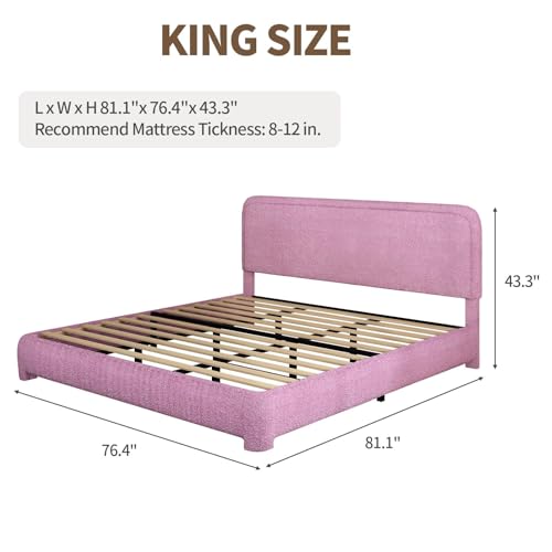 Image of BarnFurin King Bed Frame, Cloud Boucle Headboard, Low Profile, Rose Pink
