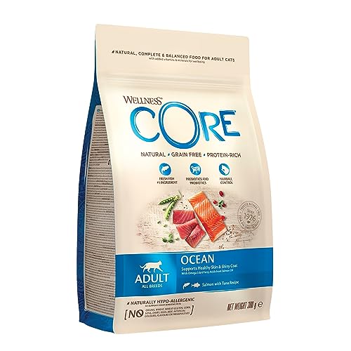 Wellness CORE Ocean, Lachs & Thunfisch, 300 g, Premium Katzenfutter trocken für ausgewachsene Katzen, ohne Zuckerzusatz, getreidefei, mit hohem Fleischanteil, fördert ein glänzendes Fell