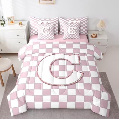 Image of Erosebridal Pink Initial C King Bed in A Bag 7 Piece Kawaii Plaid Checkered Comforter Set with Sheets Cute Personalized Monogram Bedding Sets for Kids Girls Teen Women,Fashion Grids Gingham Bed Set