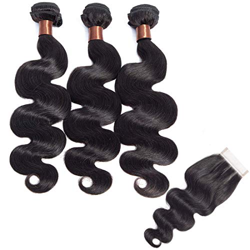 ANGIE QUEEN Brazilian Body Wave Hair with Closure Unprocessed Virgin Hair 3 Bundles with Three Part Closure Natural Black Human Hair Weaves Bundles With Closure(24 24 26+18 closure)
