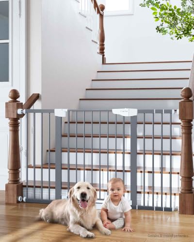 Cumbor 29.7-54.2″ Wide Baby Gate, Auto-Close Dog Gate Indoor Gray | Dual Lock Pet Gates Stairs & Doorways, No Drilling Pressure Mounted Safety Gate for Kids, Easy Walk Through Safety Gate