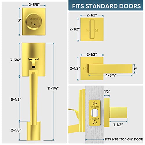 Image of TICONN Double Front Door Handle Set, Heavy Duty Square Door Lever and Single Cylinder Deadbolt Combo for Side by Side Entrance Exterior Doors (Polished Brass)