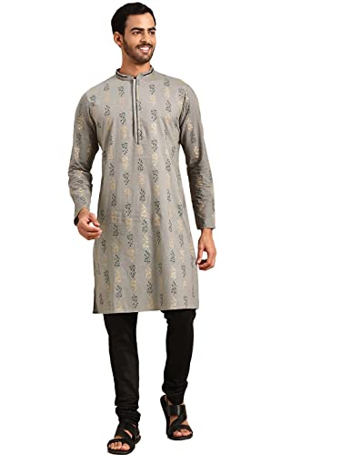 Image of Men's Black Art Silk Regular Fit Ethnic Motifs Kurta | Indian Kurta | Festive Ethnic Kurta with Embroidered Packet